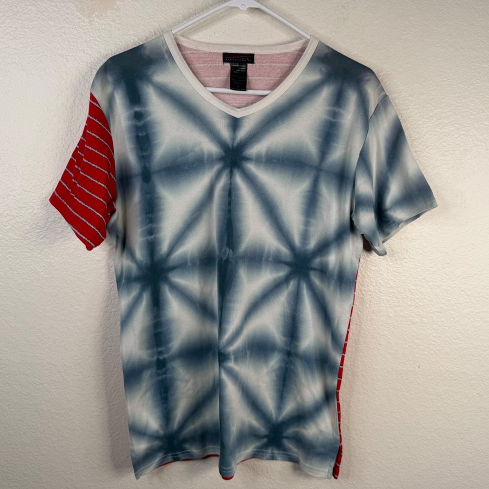 Custo Barcelona Women's Top Blue Red Sz 3 Tie Dye Striped Eclectic Pullover